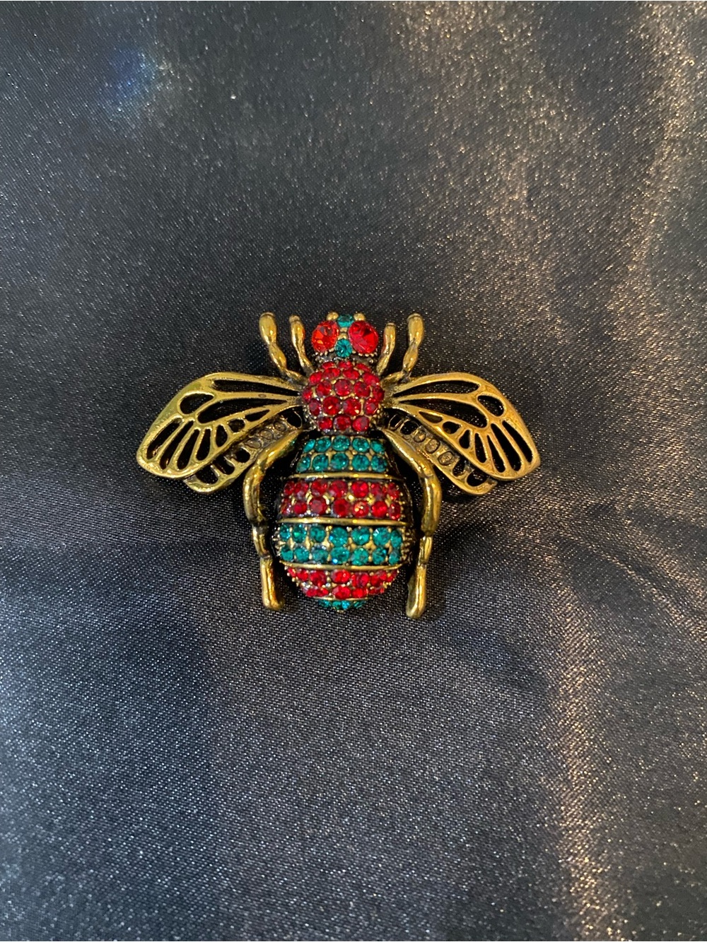 Gold-Tone Bee Brooch with Red and Teal/Green Crystals